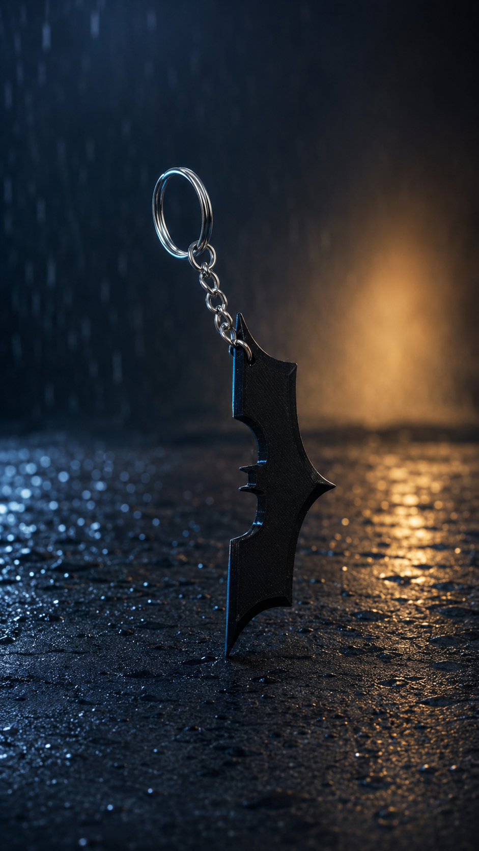 Batman 3D printed keychain in a cinematic noir studio