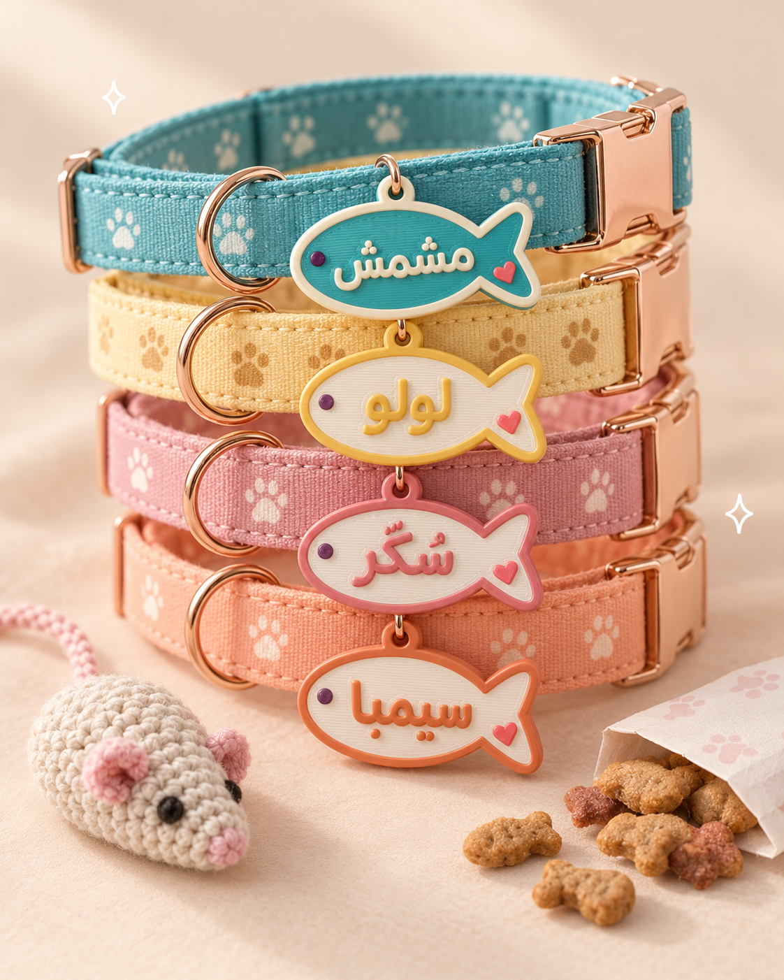 Personalized fish-shaped cat tags in four colours attached to cat collars