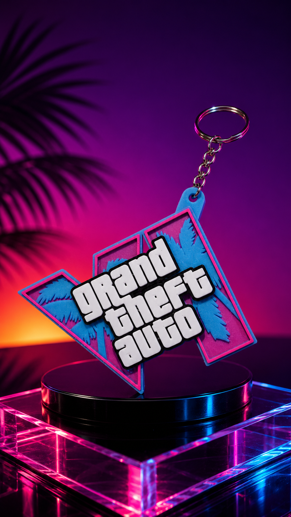 GTA VI 3D printed keychain in a neon tropical studio