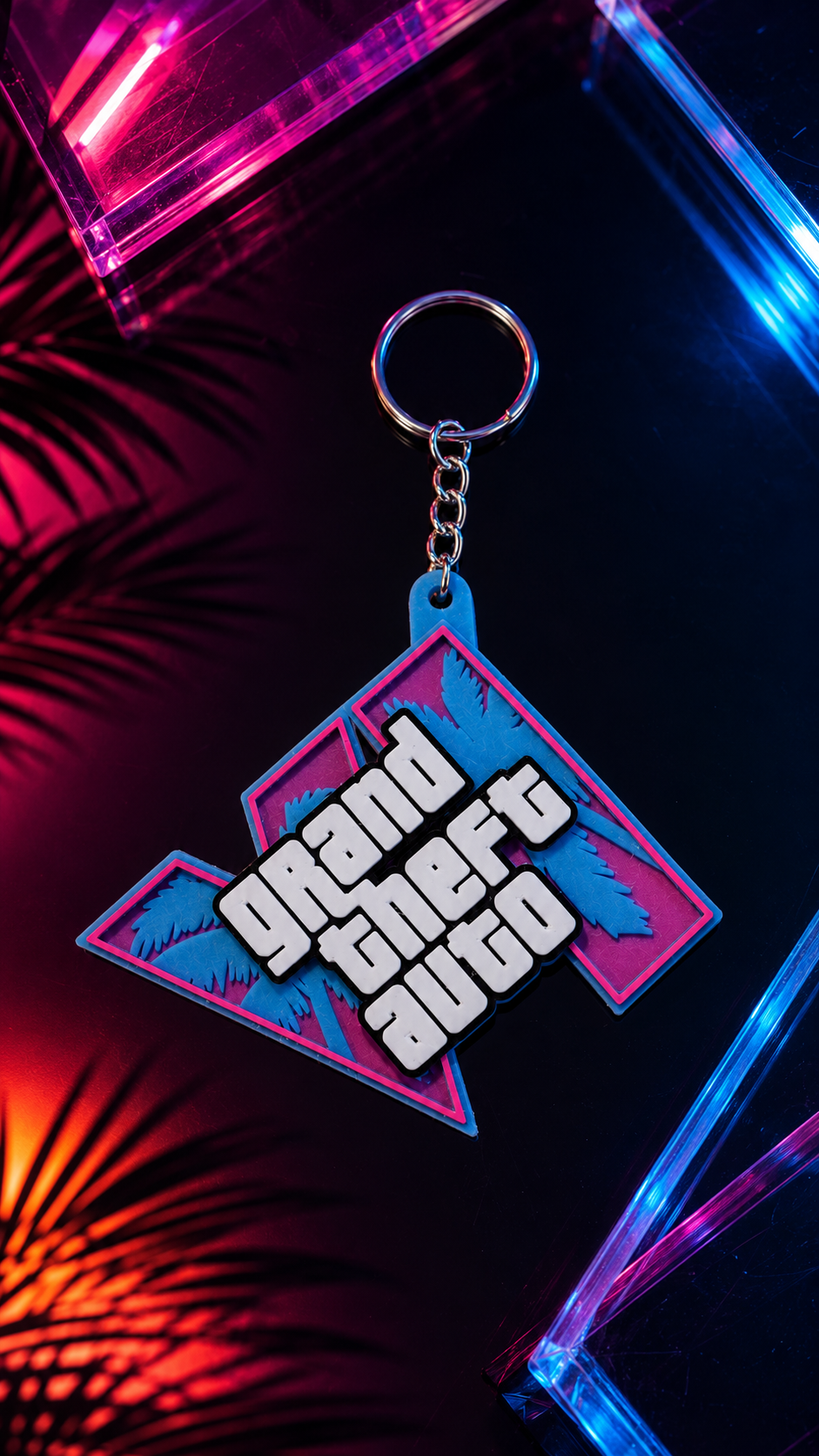 Top view of GTA VI 3D printed keychain in neon lighting