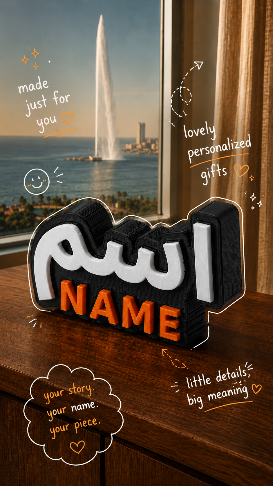 Personalized Arabic and English name desk sign displayed by a Jeddah window