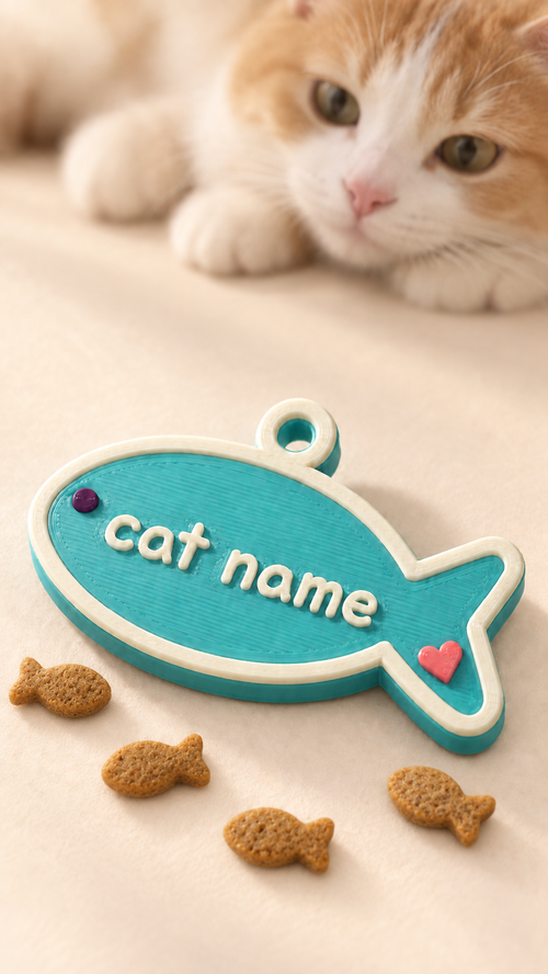 Teal personalized fish-shaped cat name tag with a cat and fish-shaped treats