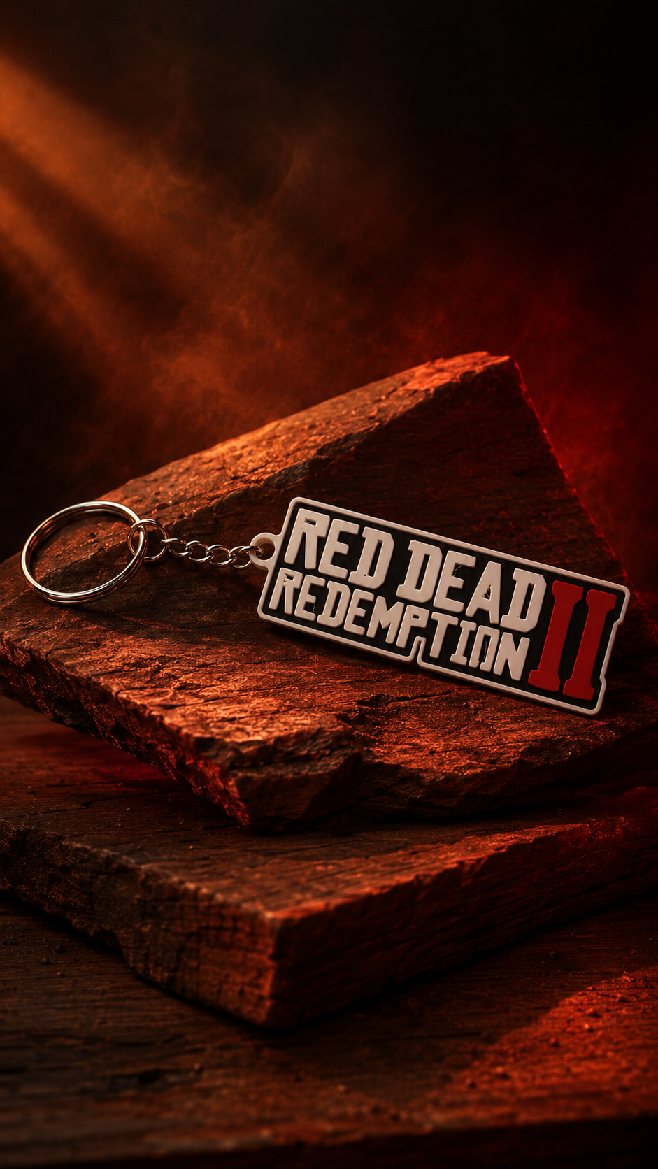 Red Dead Redemption II 3D printed keychain in a western studio
