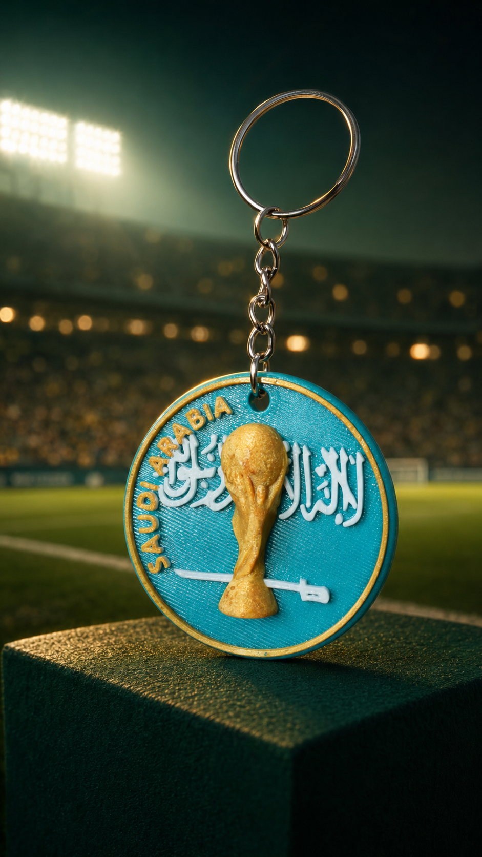 Saudi Arabia football 3D-printed keychain in a night stadium